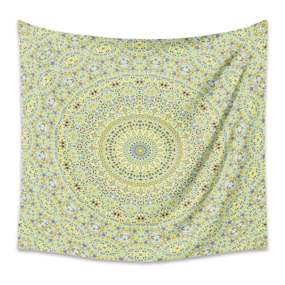 Decorative tapestry with a circular mandala design on a white background