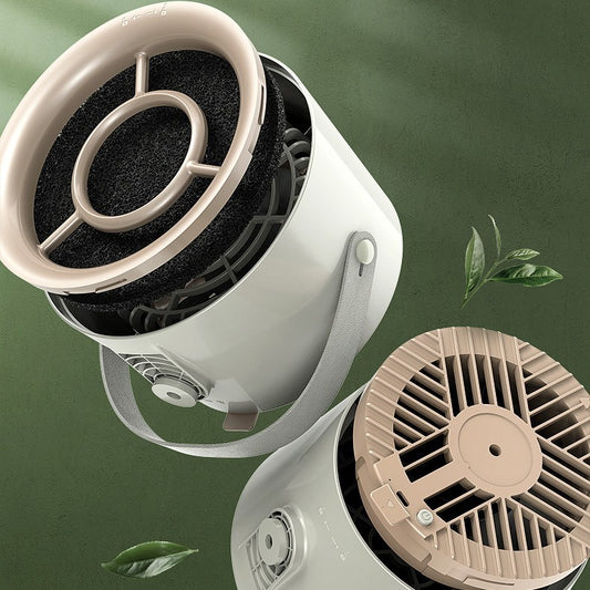 Two air filter components on a green background with leaves.