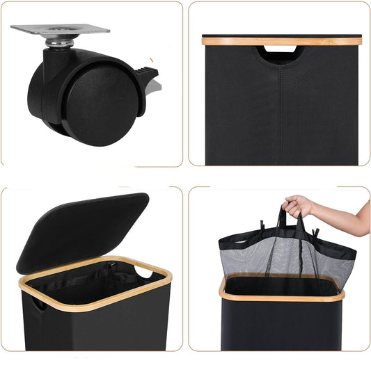 Black trash bin with lockable wheels, bamboo handle, with lid, and removable inner bag on a white background.
