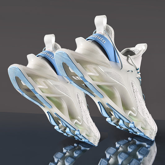 White and blue athletic shoes on a reflective surface with a dark background