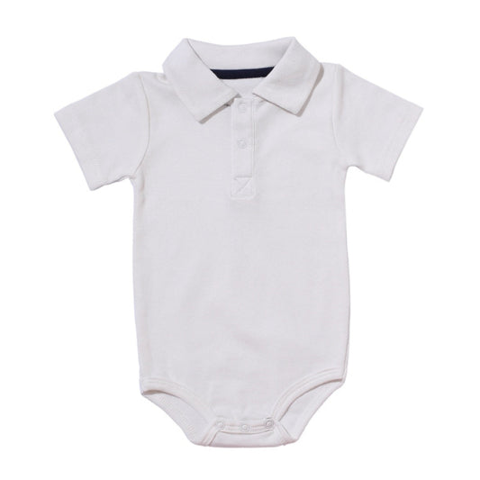 White baby onesie with collar on a white background