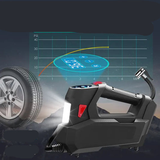 Tire inflator with digital display showing preset pressure value on a dark background