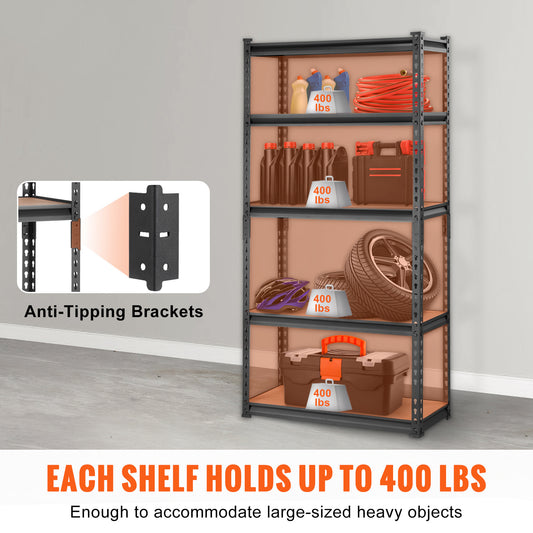 A black 5-tier adjustable metal storage shelving unit with anti-tipping brackets, capable of holding up to 400 lbs per shelf, shown with various items on each shelf to demonstrate its capacity.