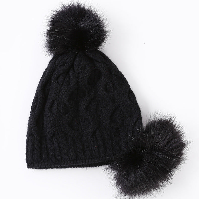 Ladies Knitted Hat with Three Rabbit Hair Balls