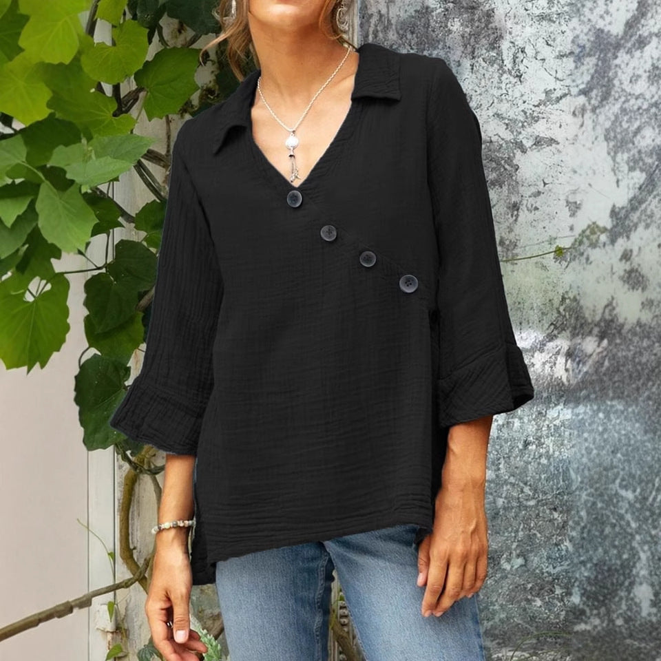 Women's Cotton And Linen Button V-neck Shirt Top
