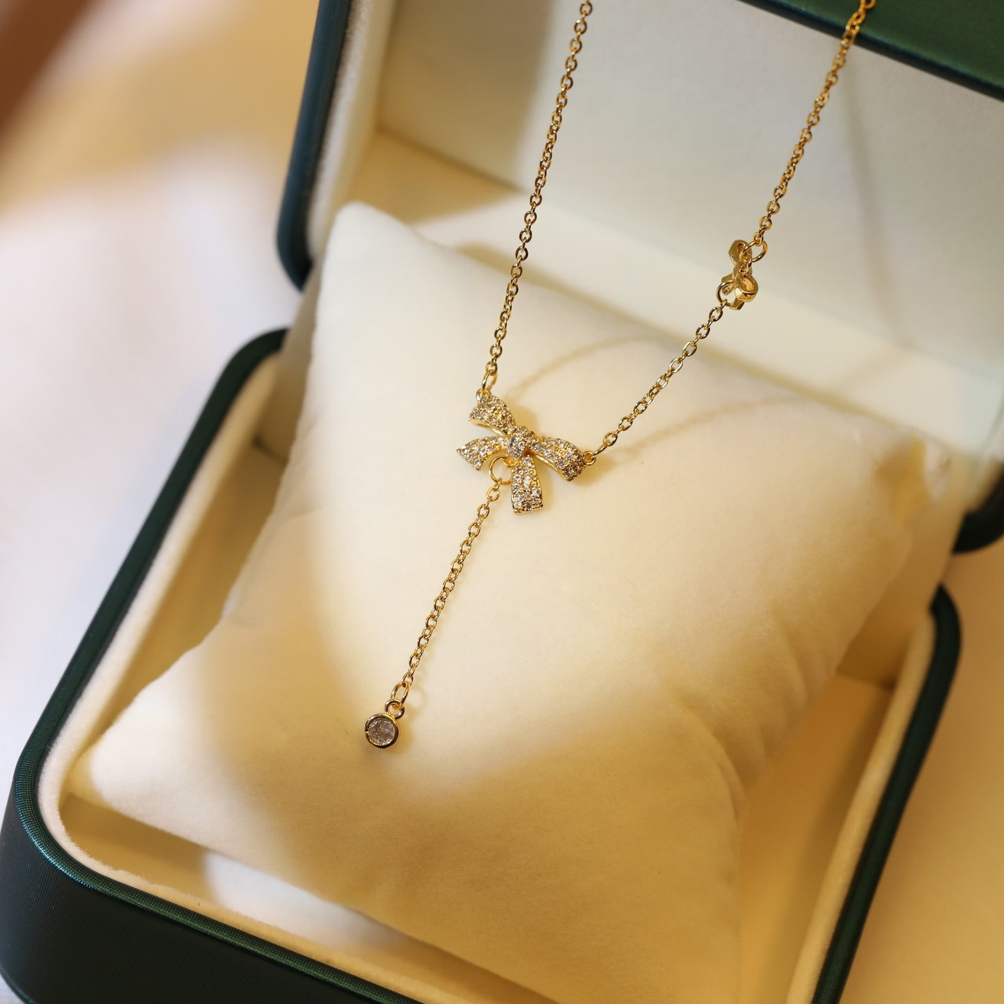 Korean Style Bow Necklace for Women - Sweet Elegance Pendant with Mixed Gem Inlay