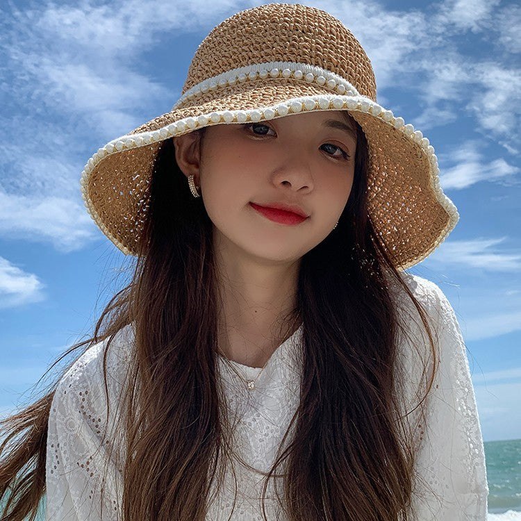 Women’s Braided Pearl Straw Sun Visor Hat