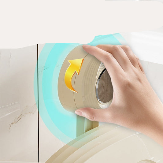 Hand using a roll of tape with instructions on a tiled wall background