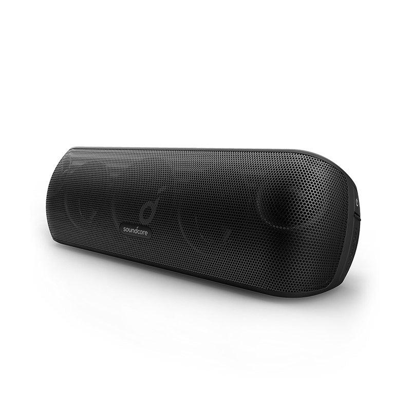 Black portable speaker on a white background
