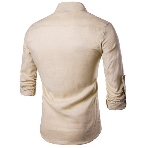 Men's Casual Shirt - Cotton Linen Blended Mandarin Collar