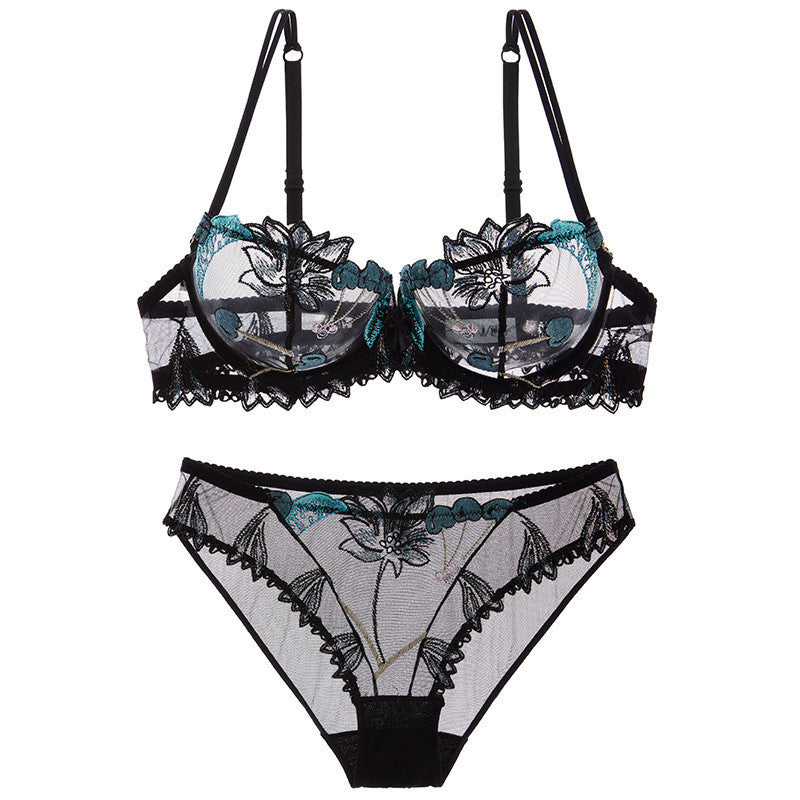 Women's Transparent Mesh Embroidered Bra and Underwear Set – Elegant Lace Design