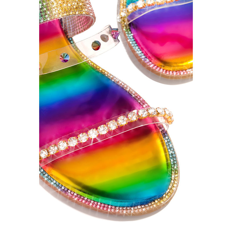 Rhinestone Rivets Flat-bottomed Colorful Sandals And Slippers Women