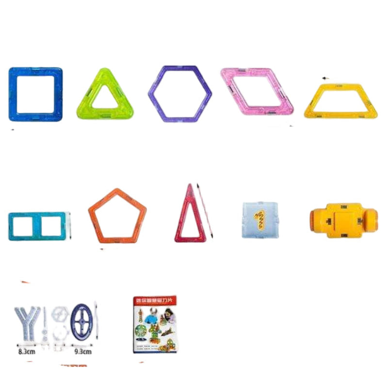 Set of colorful geometric frames with measurements and quantity details on a white background.