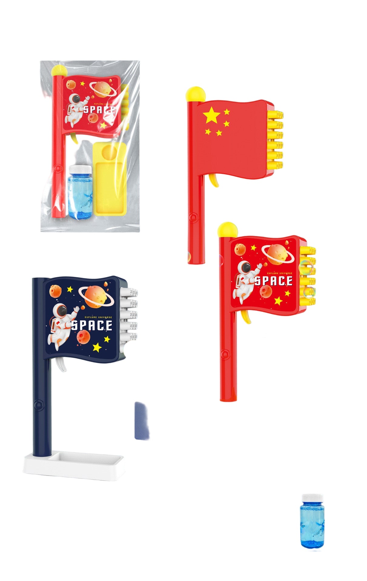 Space-themed flags with measurements on a display stand