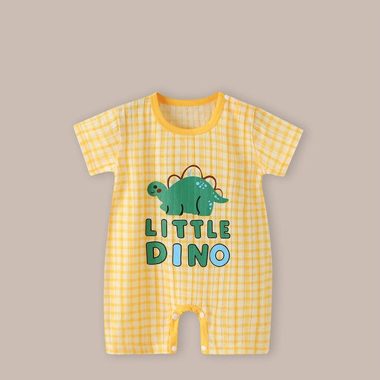 Yellow checkered baby romper with green dinosaur design and 'Little Dino' text on a beige background