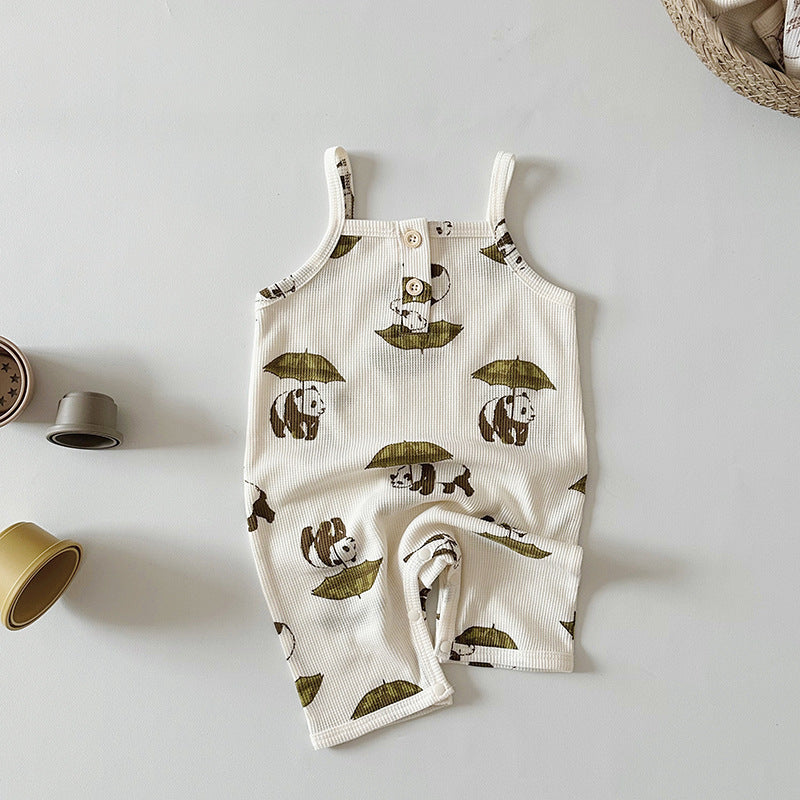 Children's romper with panda design on a light gray background