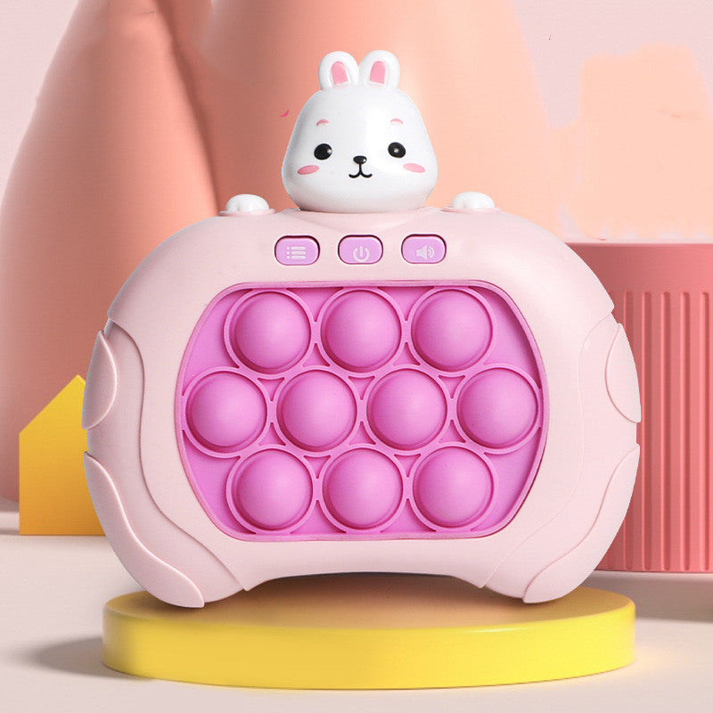 Children's handheld push game toy featuring a bear design, with buttons and an interactive bubble feature. The toy is primarily in shades of blue and beige, and is designed for educational and stress-relieving play.