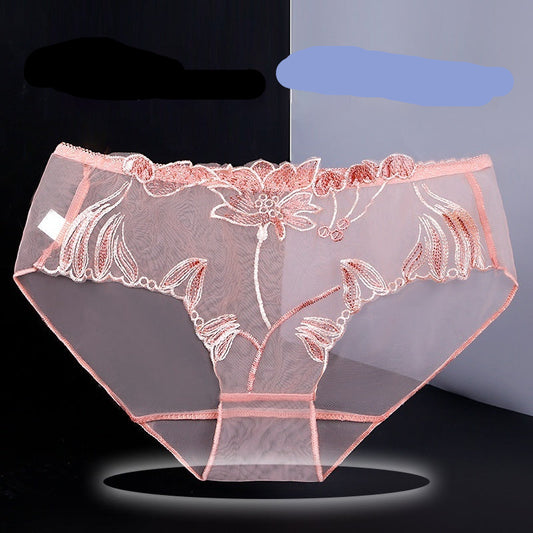Translucent lace underwear with floral embroidery on a black and gray background