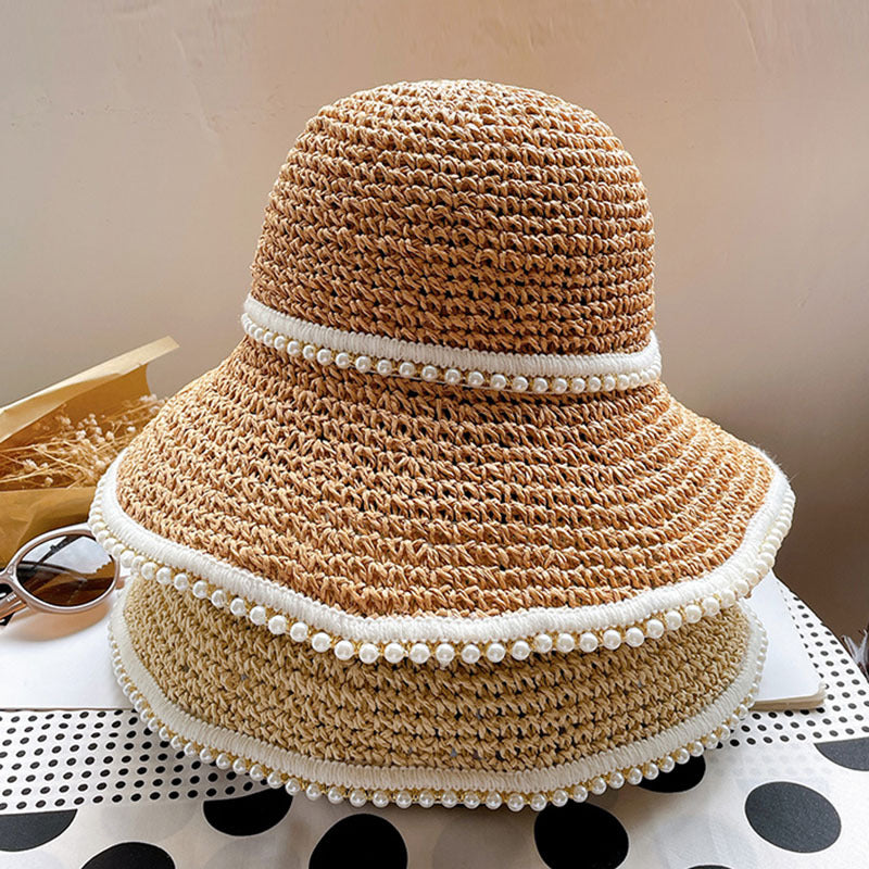Women’s Braided Pearl Straw Sun Visor Hat