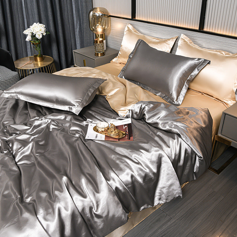 Pure Color Ice Silk Cool Quilt Cover Bed Sheet Bedding