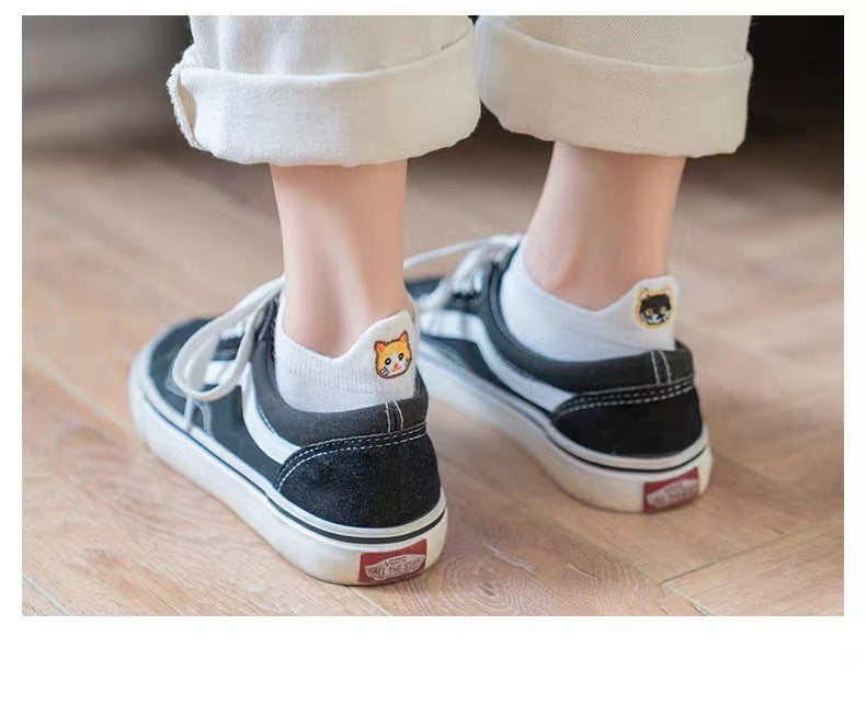 Spring Mesh Breathable Heel Embroidered Cat Women's Boat Socks