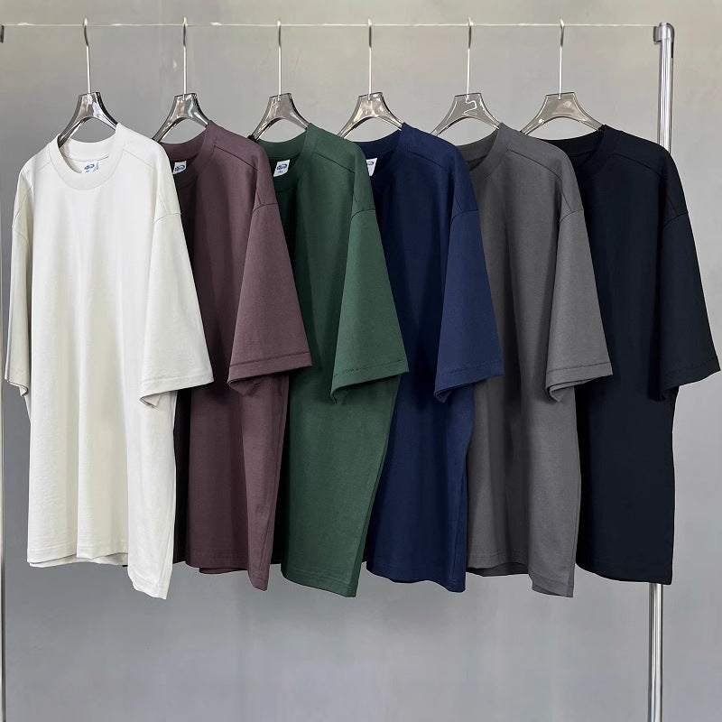 Retro Patchwork Short Sleeve Pure Color Minimal Versatile T-Shirt for Men and Women