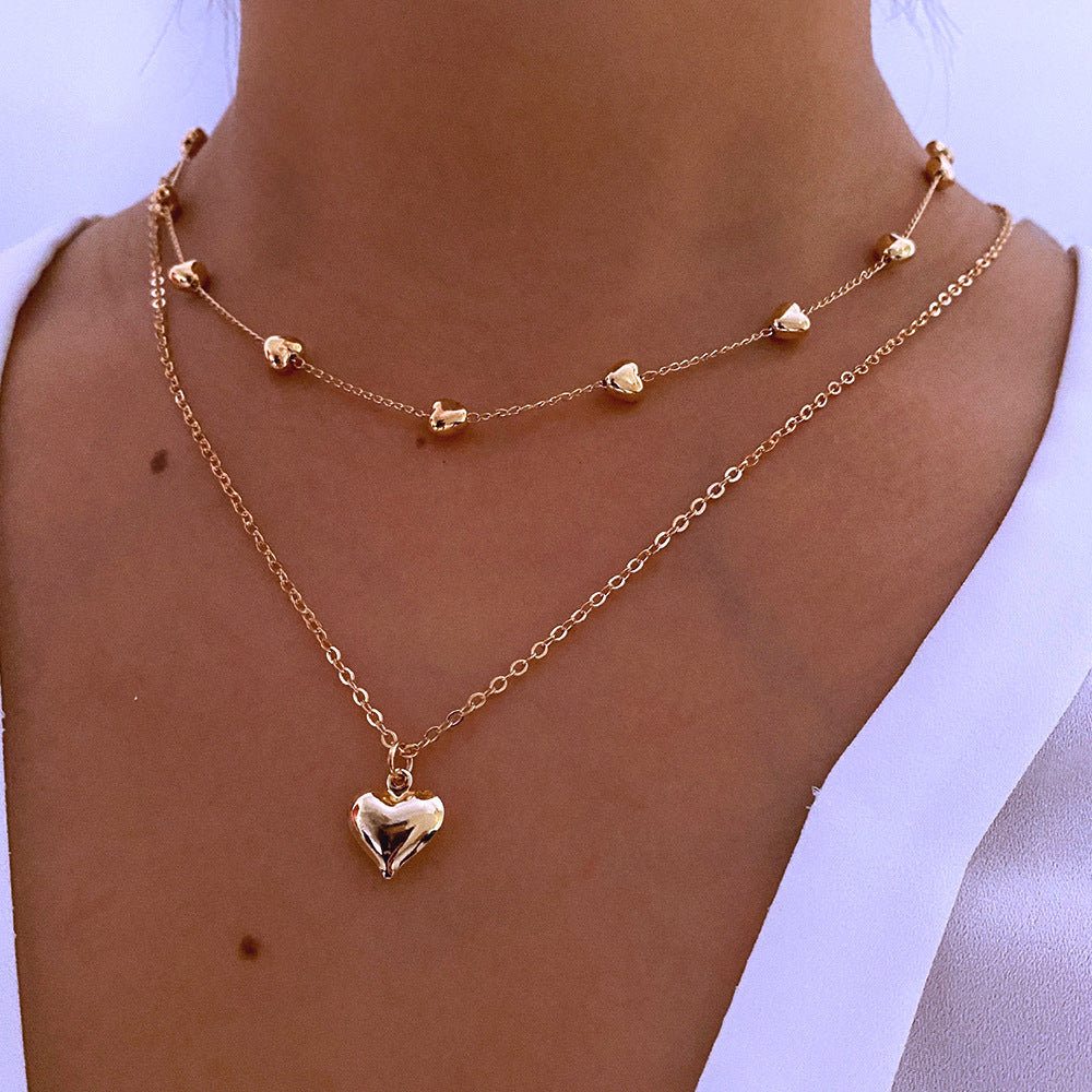 Double-Layer Heart Pendant Fine Chain Necklace
