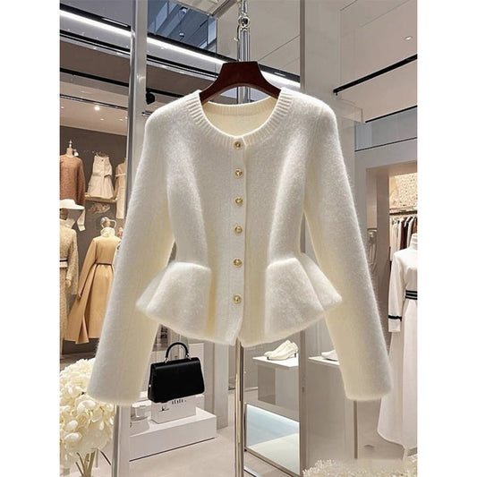 High-grade White Sweater Cardigan Waist-tight