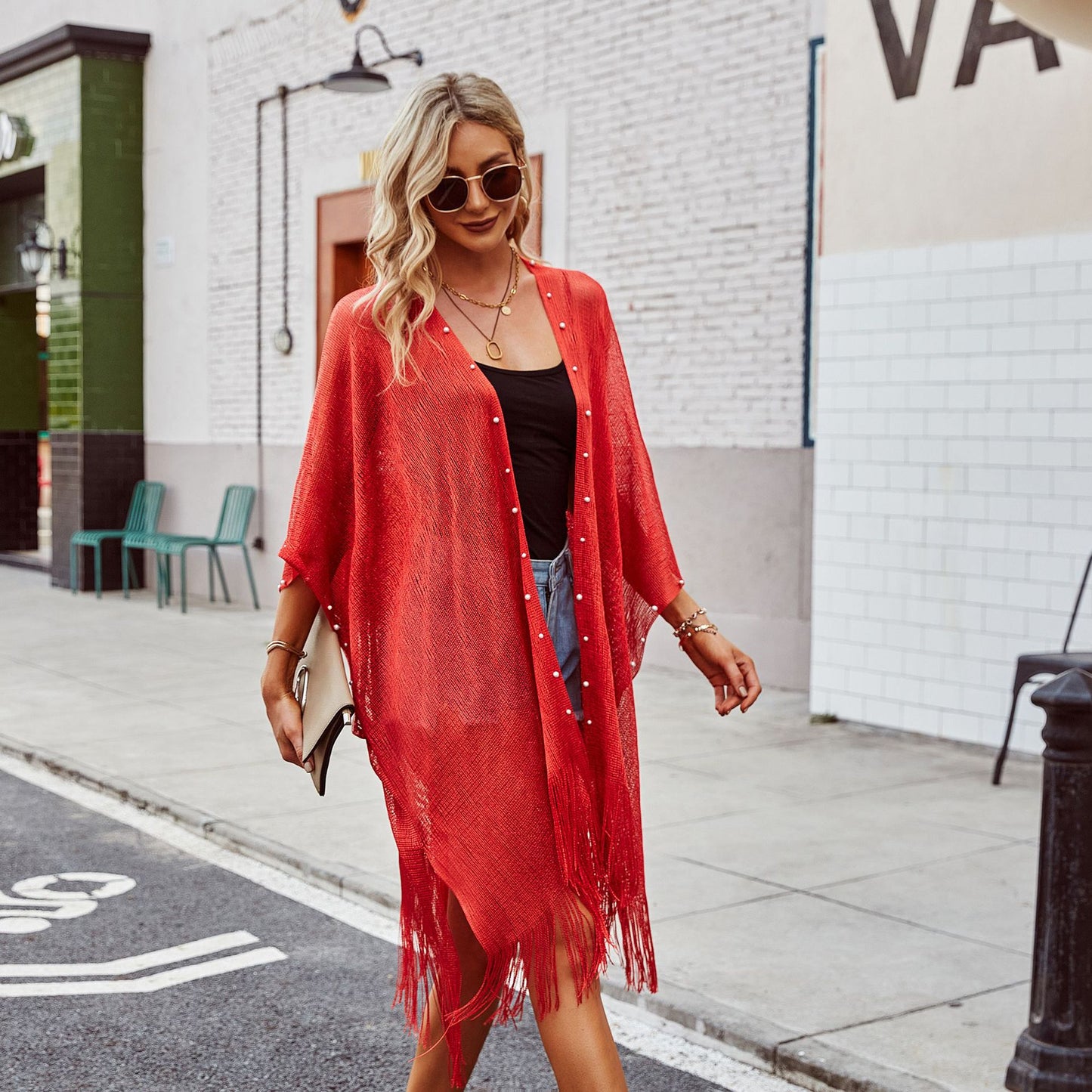 Nail Pearl Beach Shawl Cardigan Mid-length