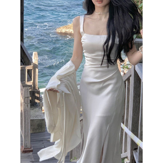 White Suspender Satin Dress Female Summer