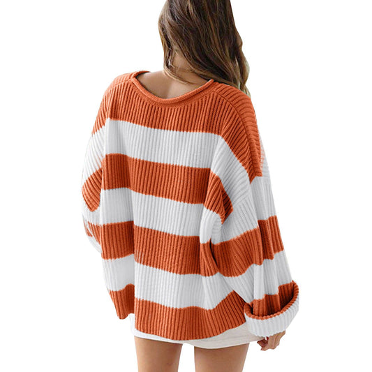 Women's Round Neck Long Sleeve Striped Loose Sweater