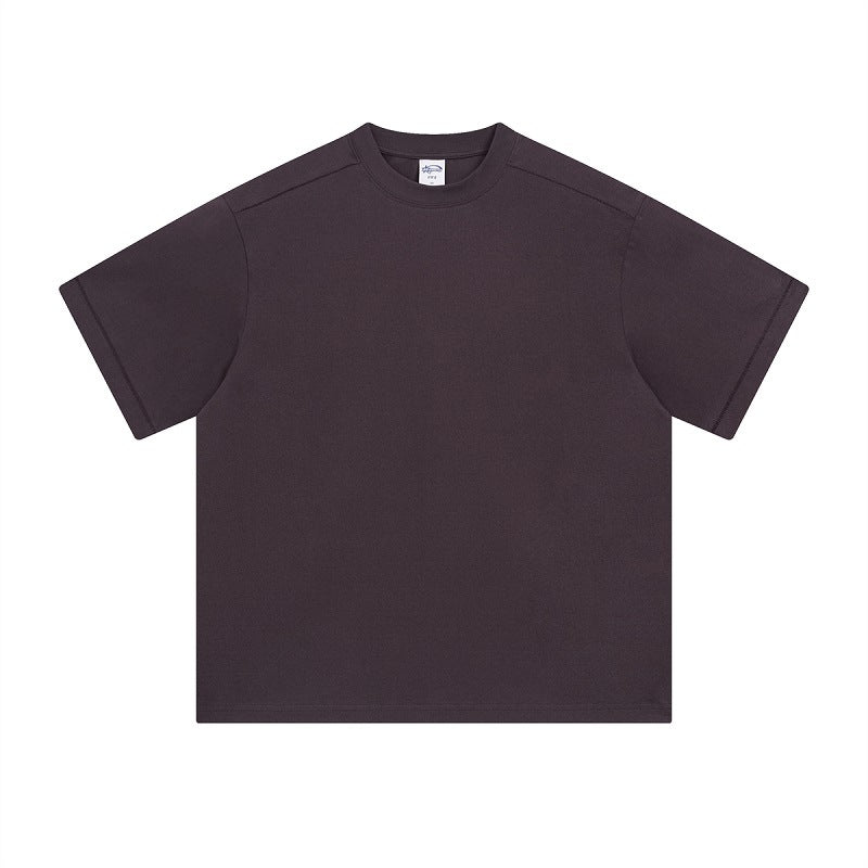 Retro Patchwork Short Sleeve Pure Color Minimal Versatile T-Shirt for Men and Women