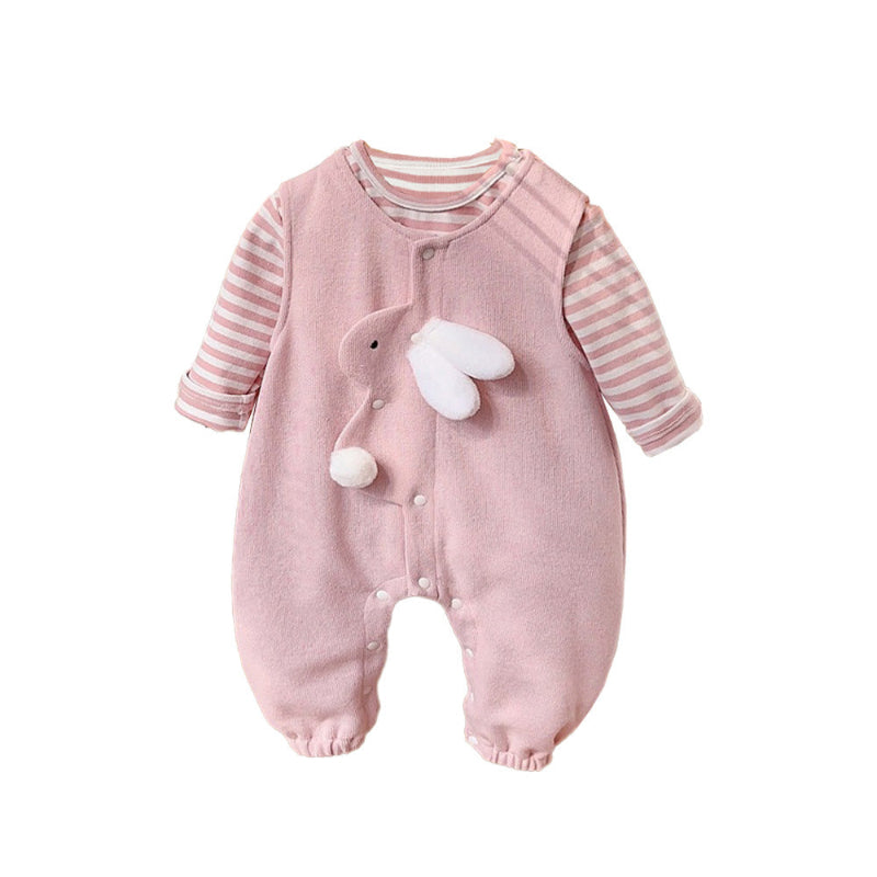 Pink baby onesie with striped sleeves and a white heart design on a white background