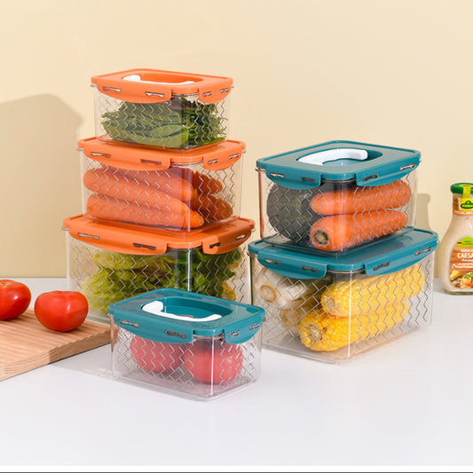 Stackable food storage containers with vegetables on a kitchen counter