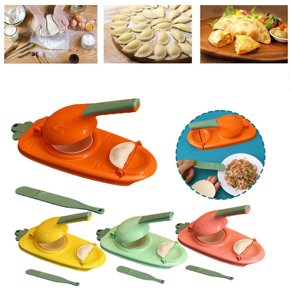 Dumpling maker with colorful handles on a white background