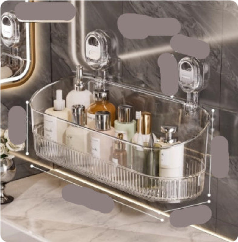 Clear acrylic cosmetic organizer with measurements on a marble surface