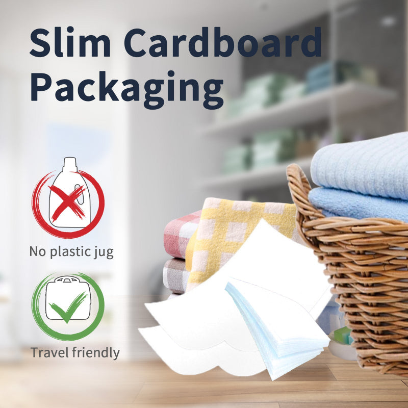 Slim cardboard packaging with no plastic jug icon and travel friendly icon, showing folded clothes and a basket.