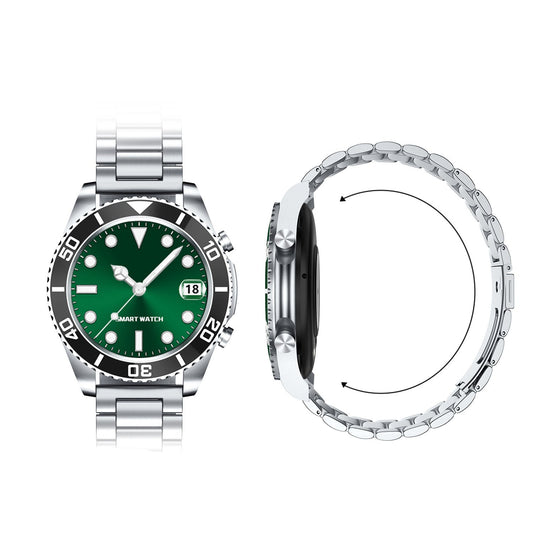 Smart watch with green display and silver band, showing dimensions on a white background.