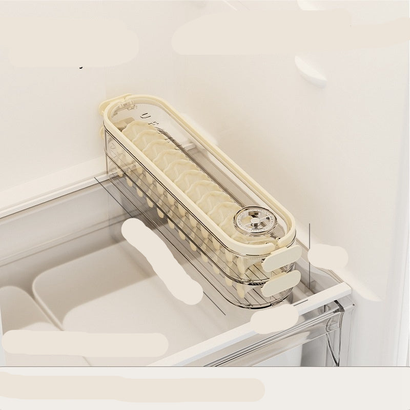 Two-layer dumpling box with measurements and material details on a white background