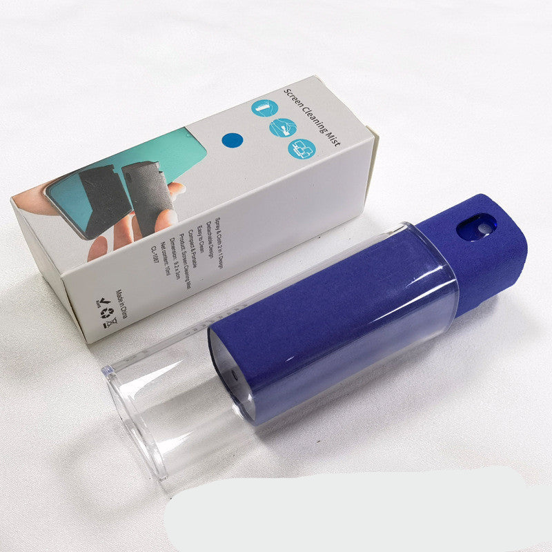 Blue screen cleaning mist bottle with packaging on a white background.