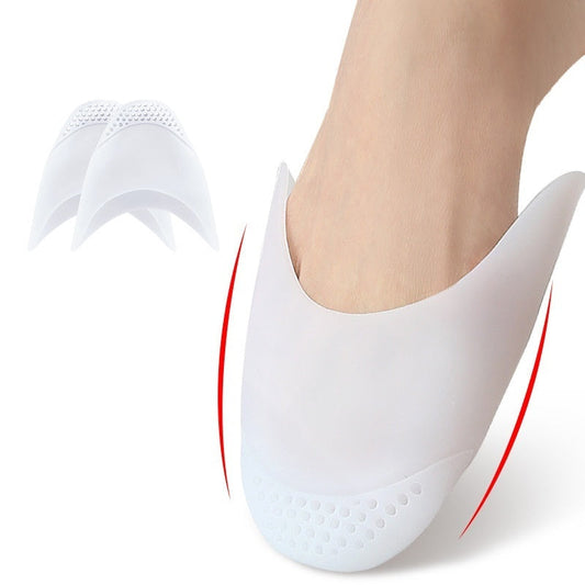 White silicone shoe inserts with curved design fitting toes, on a light background.