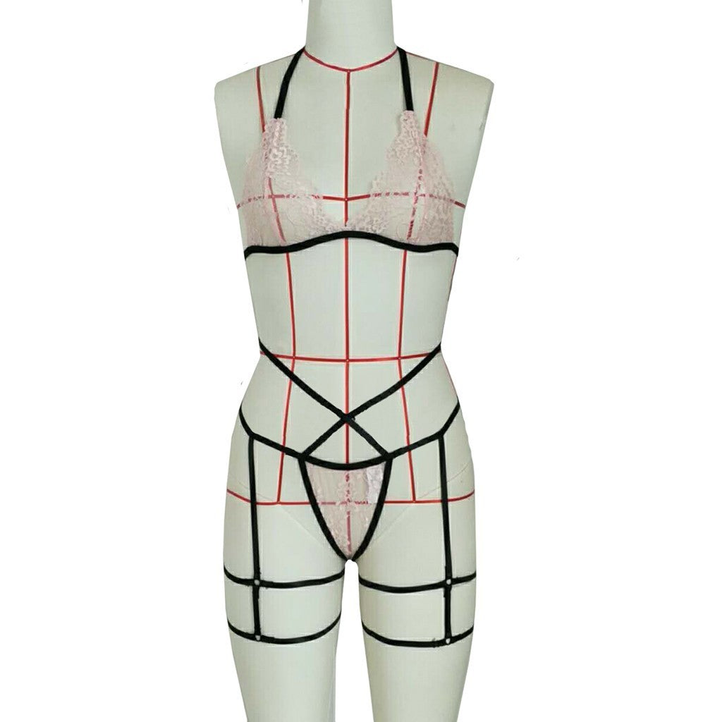 Lace Hollow Lingerie with Leg Straps – Elegant Three-Point Design