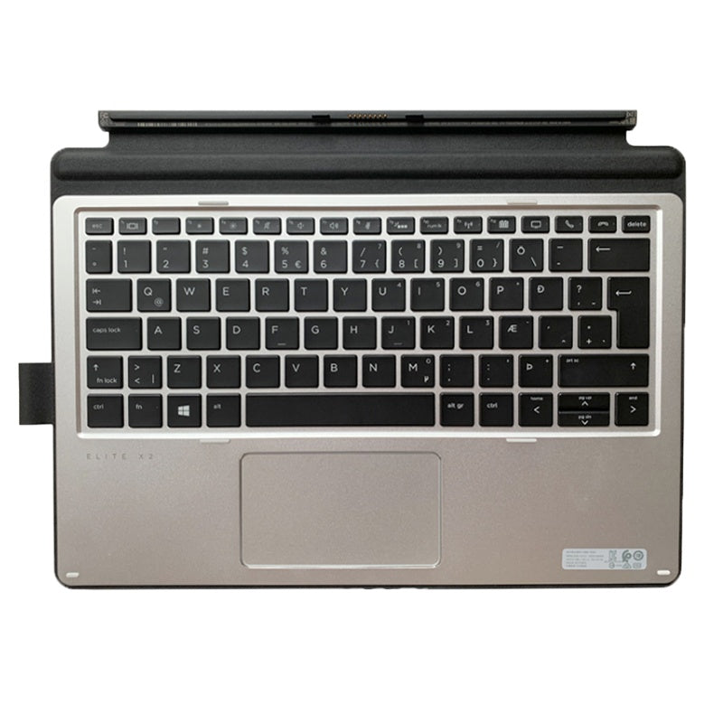 A tablet keyboard attachment with a gray keyboard and touchpad, and a metallic silver back cover.