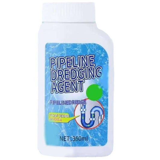 Bottle of pipeline dredging agent with blue label and white cap on a white background