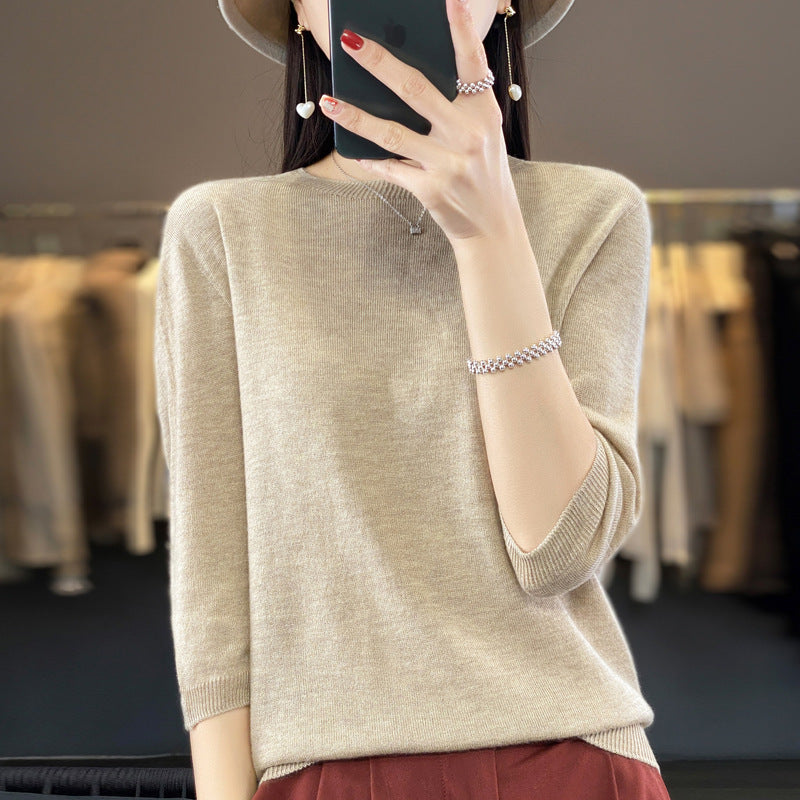 Front Line Ready-made Garments Worsted Sweater Half Sleeve Round Neck Pure Color All-matching Loose T-shirt