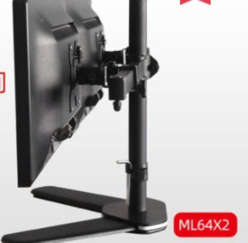 Dual computer monitor stand with a black finish, supporting two screens side by side on a desk. The monitors display a beach scene and a white background.