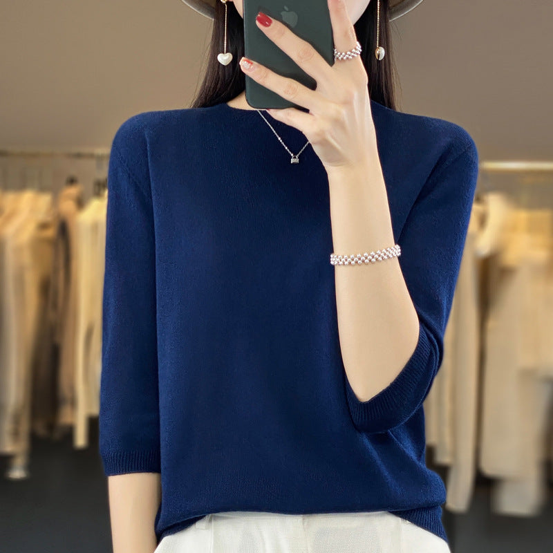 Front Line Ready-made Garments Worsted Sweater Half Sleeve Round Neck Pure Color All-matching Loose T-shirt