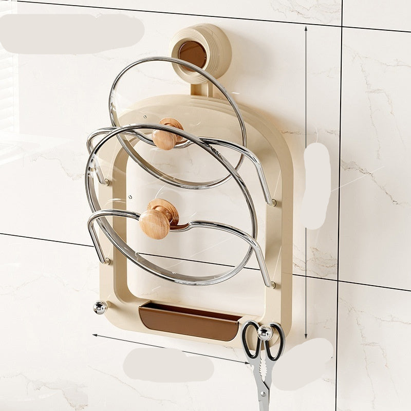 Wall-mounted kitchen rack with dimensions labeled on a white tiled wall.