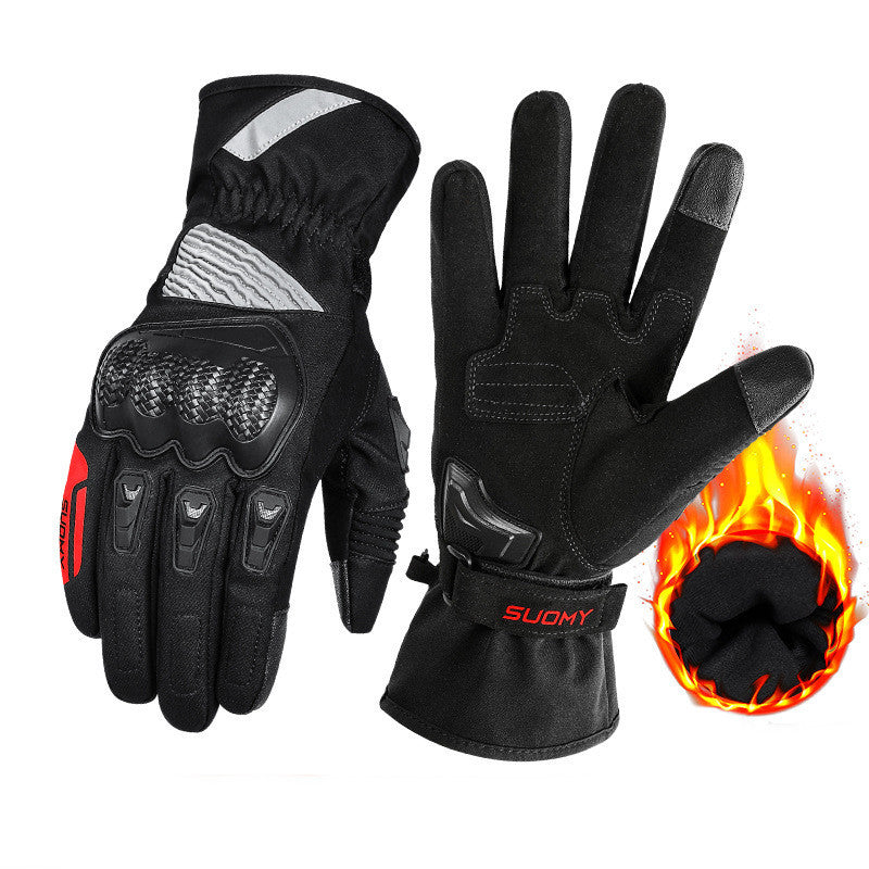 Black gloves with flame graphic and SUOMY branding on a white background