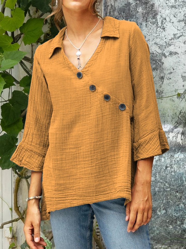 Women's Cotton And Linen Button V-neck Shirt Top